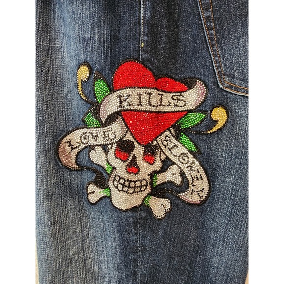 Vintage Ed Hardy Rhinestone "Love Kills Slowly" Jeans Size‎ 18 Denim Skull Heart - Picture 3 of 8